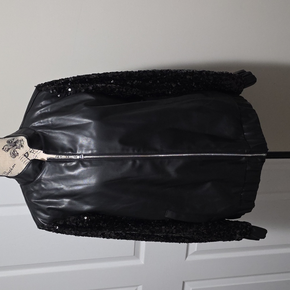 Colleen Lopez Sequin Sleeve Faux Leather Bomber Jacket Coat Small Black - Picture 6 of 9